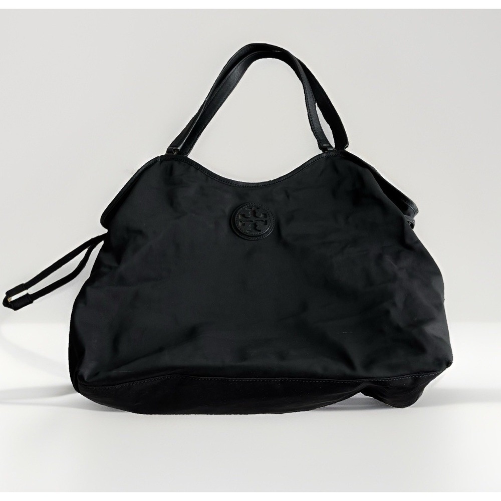 Tory Burch Black Nylon Tote Bag Logo Snap Closure Inner Pockets Leather Straps